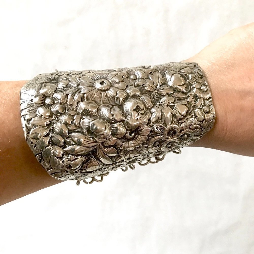 Antique Victorian Bouquet Flowers Solid Sterling Silver Floral Cuff Bracelet